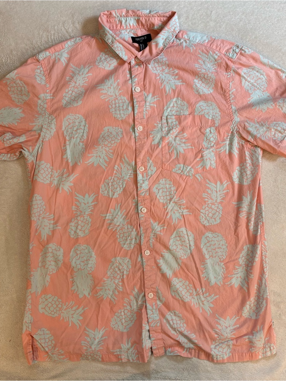 Forever 21 Coral Pink Cotton Button-Up Shirt Pale Aqua Pineapple Print Sz M